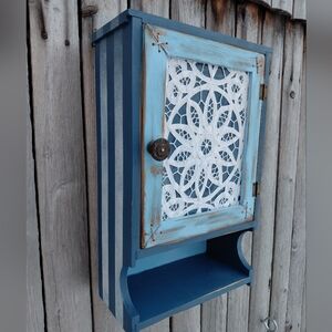 Vintage 60s navy blue white painted wooden cupboard cabinet shelf & hinged door